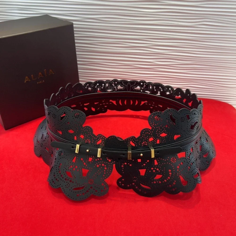 Alaïa Black Laser-Cut Floral Waist Belt with Gold Accents